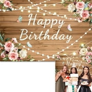 Happy Birthday Wood Backdrop Pink Flower Birthday Backdrop Banner for Girls Women Kids Rose Photography Backgrounds Sweet 16th 21st 30th Cake Table Supplies Party Decoration